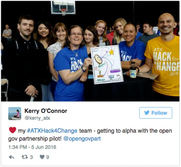 photo of a team of people holding up a diagram of a project they are working on. Attached tweet reads Love my #atxhackforchange team - getting to alpha with the open gov partnership pilot! @opengovpart from June 5th, 2016