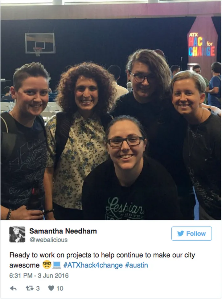 photo of five team members working on a project at a hackathon with caption, 'Ready to work on projects to help continue to make our city awesome #atxhackforchange #austin